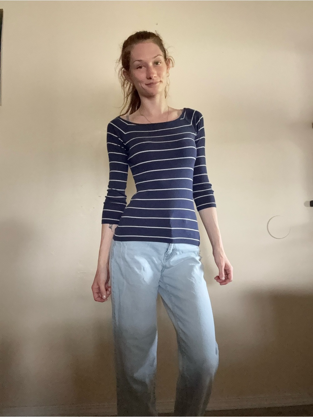 SO Navy and White Striped Boatneck Long Sleeve Top